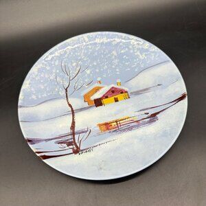 Vintage Wall Hanging Plate Italian Pottery Winter Blue Snow Cabin Lake Italy